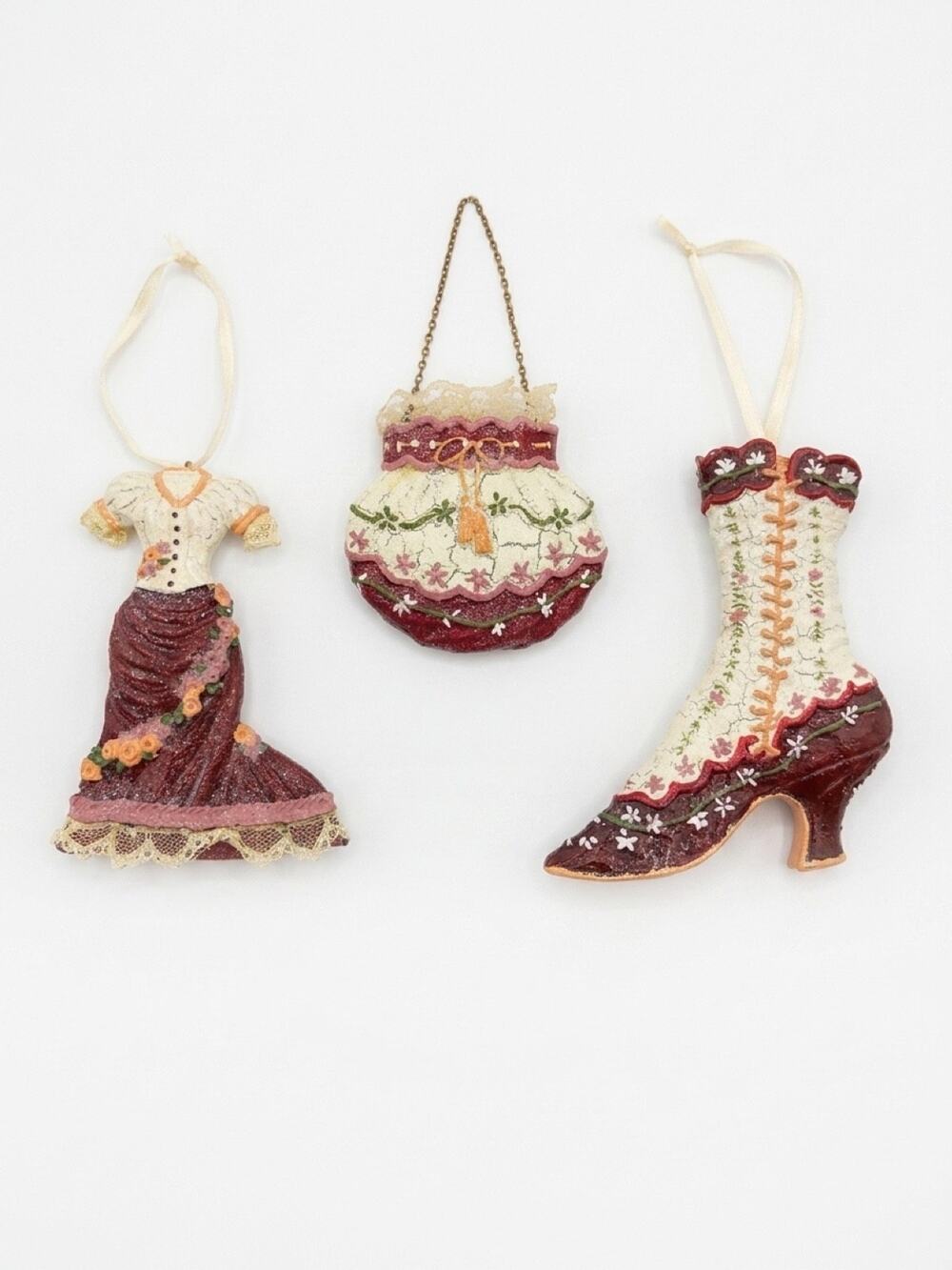 Vintage Victorian Dress Purse Boot Christmas Ornaments Set of 3 Resin Glitter